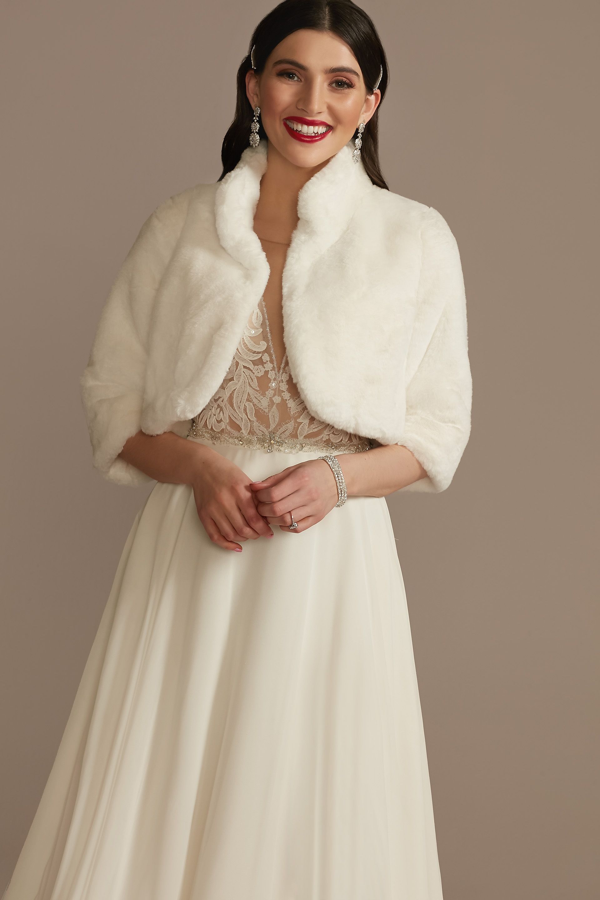 DB Studio Faux Fur Open-Front Collared Jacket in Ivory Size: XL David's Bridal
