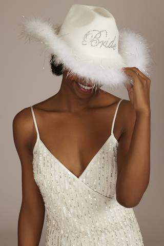 View DB Studio Feather-Trimmed Bride Cowgirl Hat in all available color and sizes Picture of Feather-Trimmed Bride Cowgirl Hat