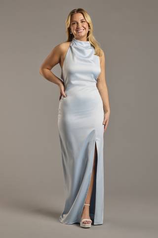 Picture of High-Neck Satin Sheath Dress with Pearl Bar Back