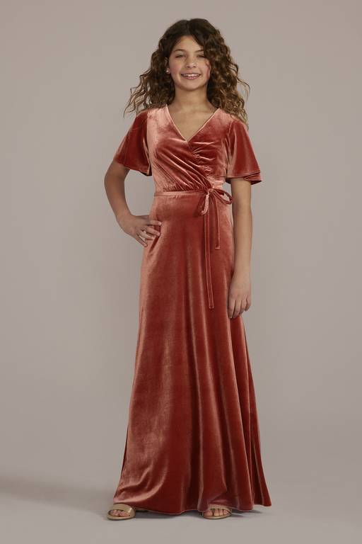 cinnamon velvet bridesmaid dresses Velvet Flutter Sleeve Junior Bridesmaid Dress