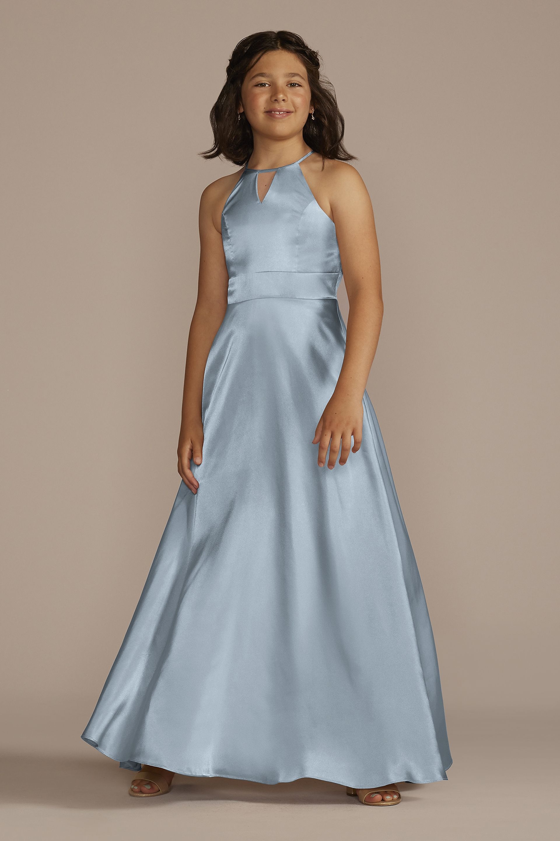 Galina Signature Charmeuse High-Neck Junior Bridesmaid Dress in Dusty Blue Size: 10 David's Bridal