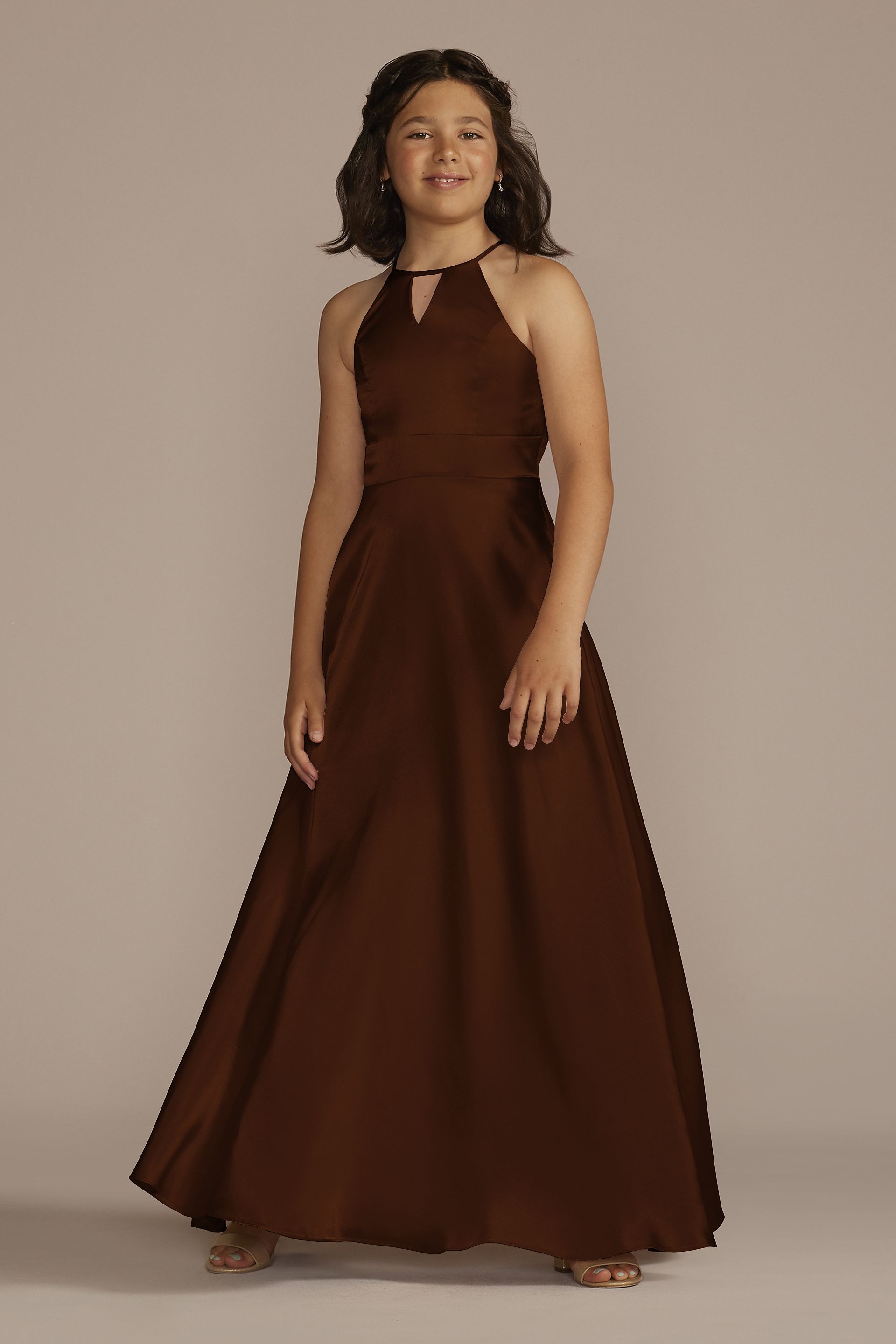 Galina Signature Charmeuse High-Neck Junior Bridesmaid Dress in Chocolate Size: 10 David's Bridal