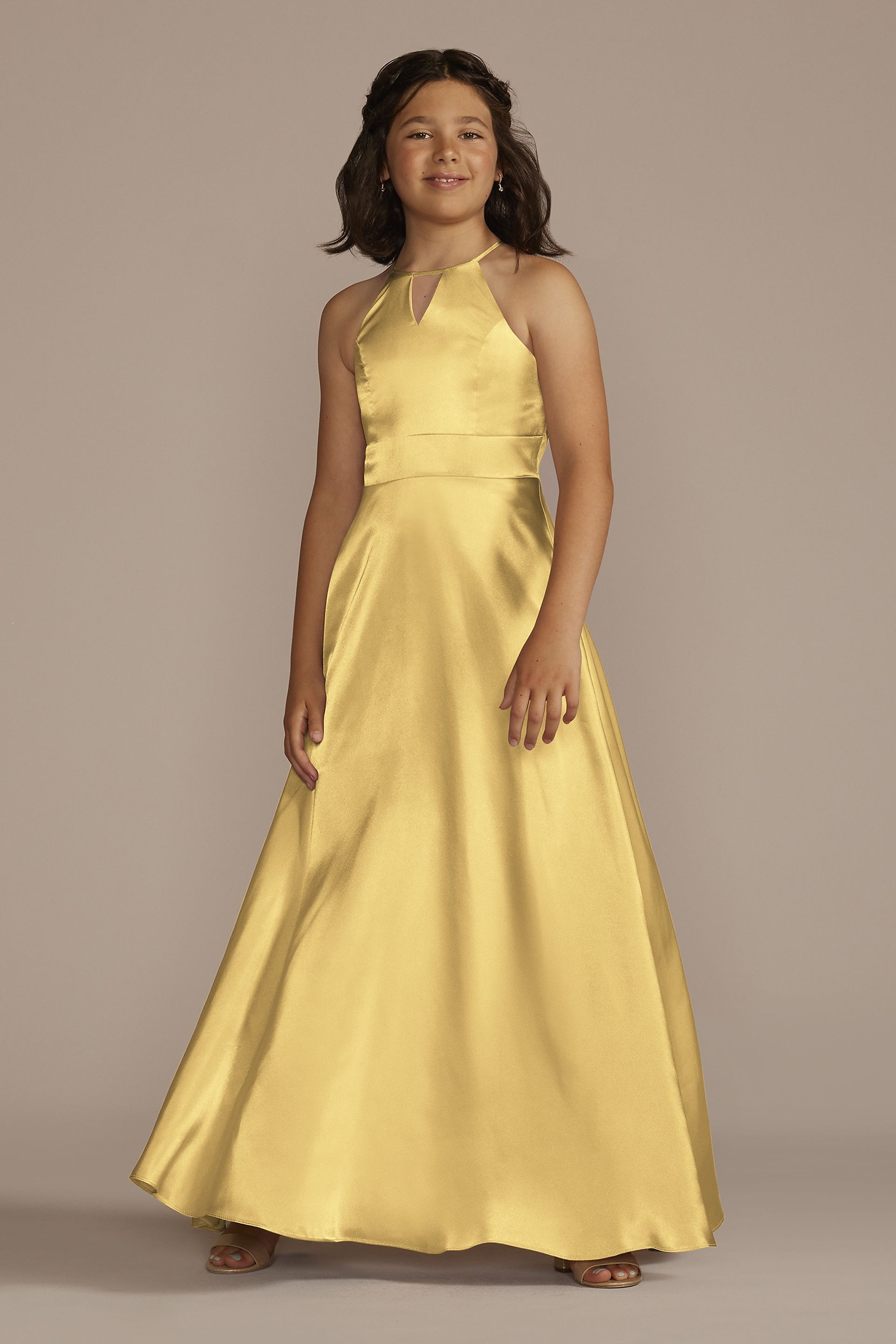 Galina Signature Charmeuse High-Neck Junior Bridesmaid Dress in Pale Yellow Size: 12 David's Bridal