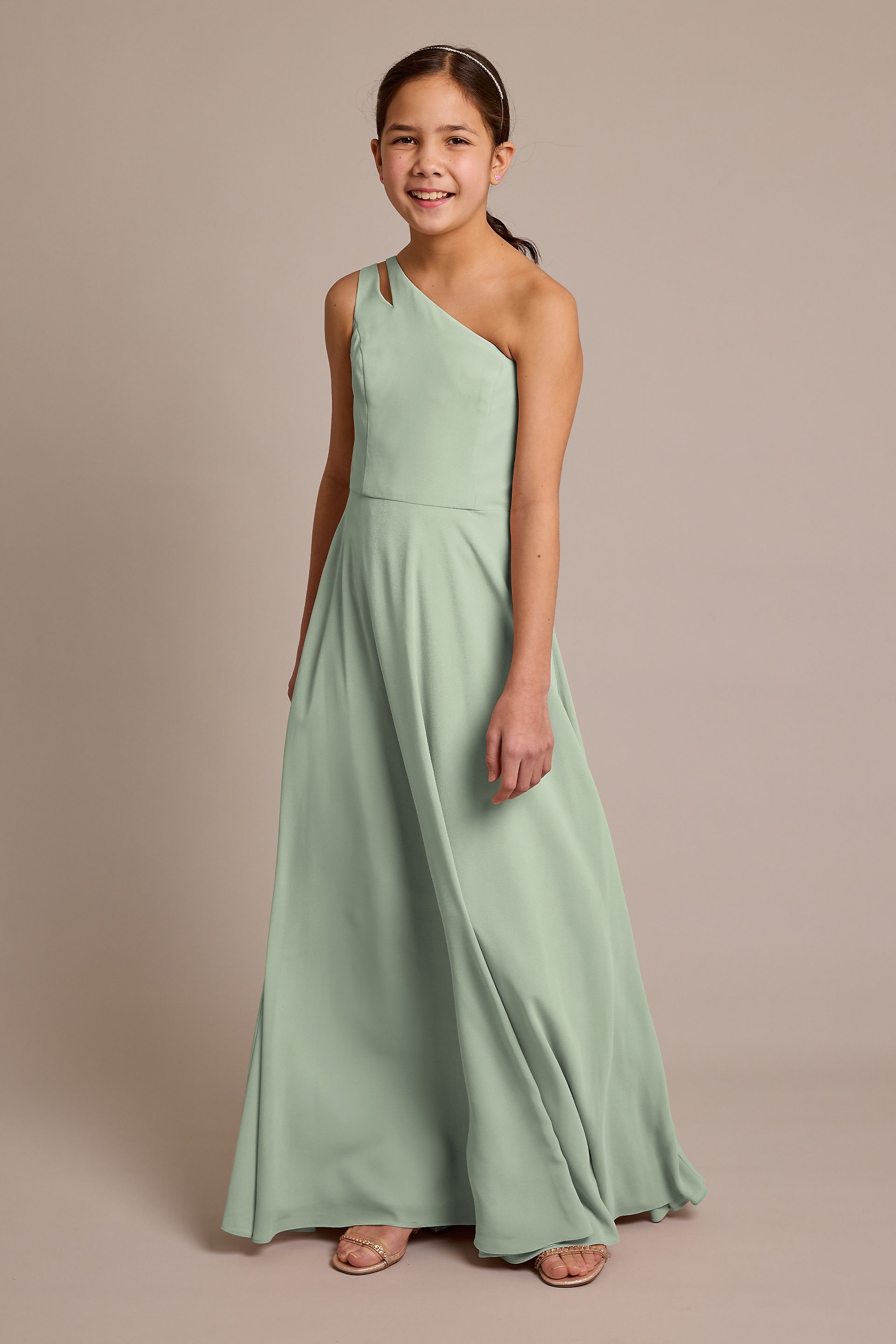 Celebrate DB Studio Chiffon One-Shoulder Junior Dress in Dusty Sage Size: 18 David's Bridal