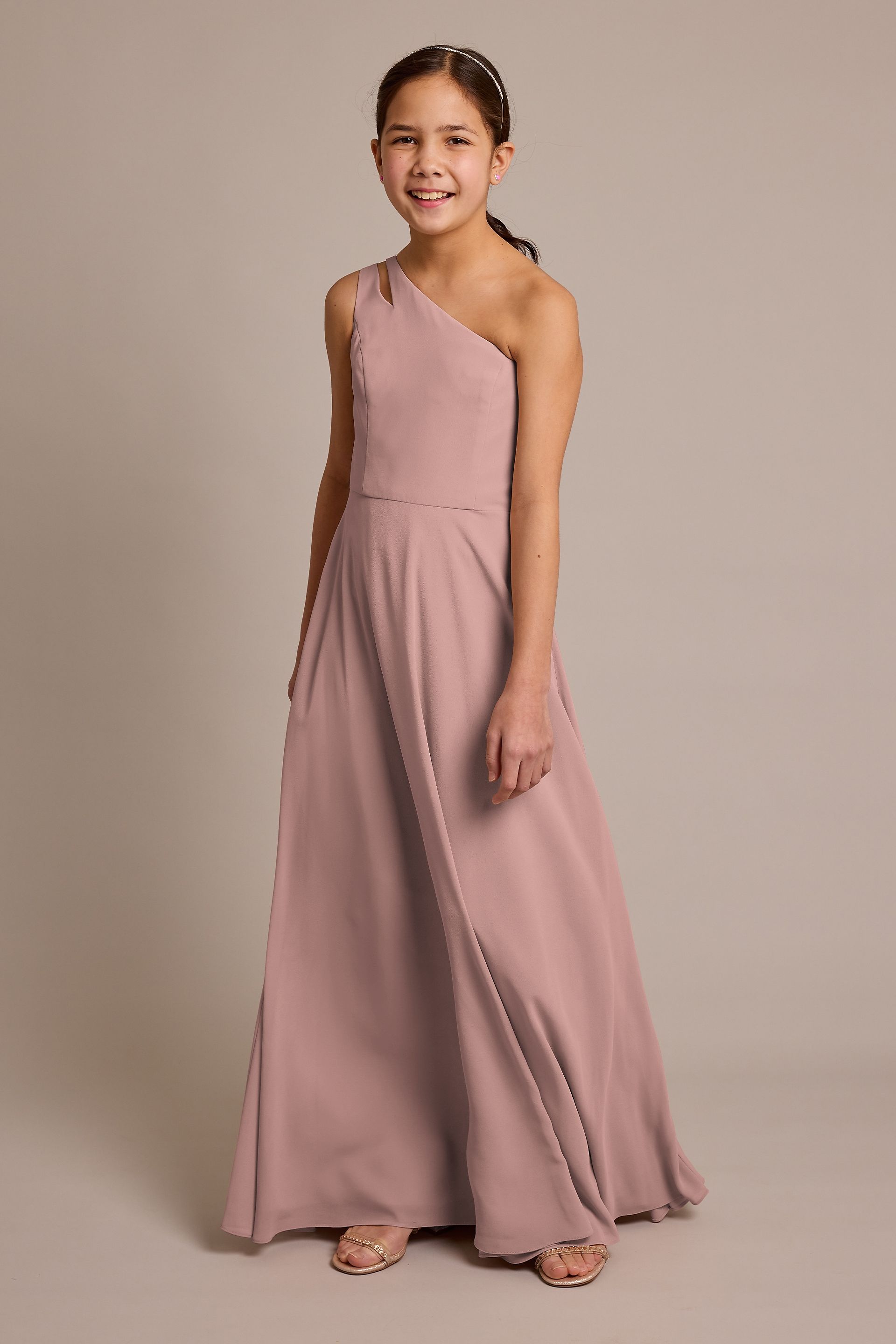 Celebrate DB Studio Chiffon One-Shoulder Junior Dress in Quartz Size: 8 David's Bridal