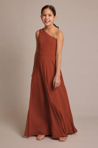 View Celebrate DB Studio Chiffon One-Shoulder Junior Dress in all available color and sizes Picture of Chiffon One-Shoulder Junior Dress