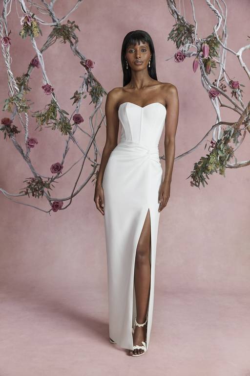 crepe corset wedding dress Crepe Lace Corset Wedding Dress with Floral Cathedral Train  ML122   Viniodress