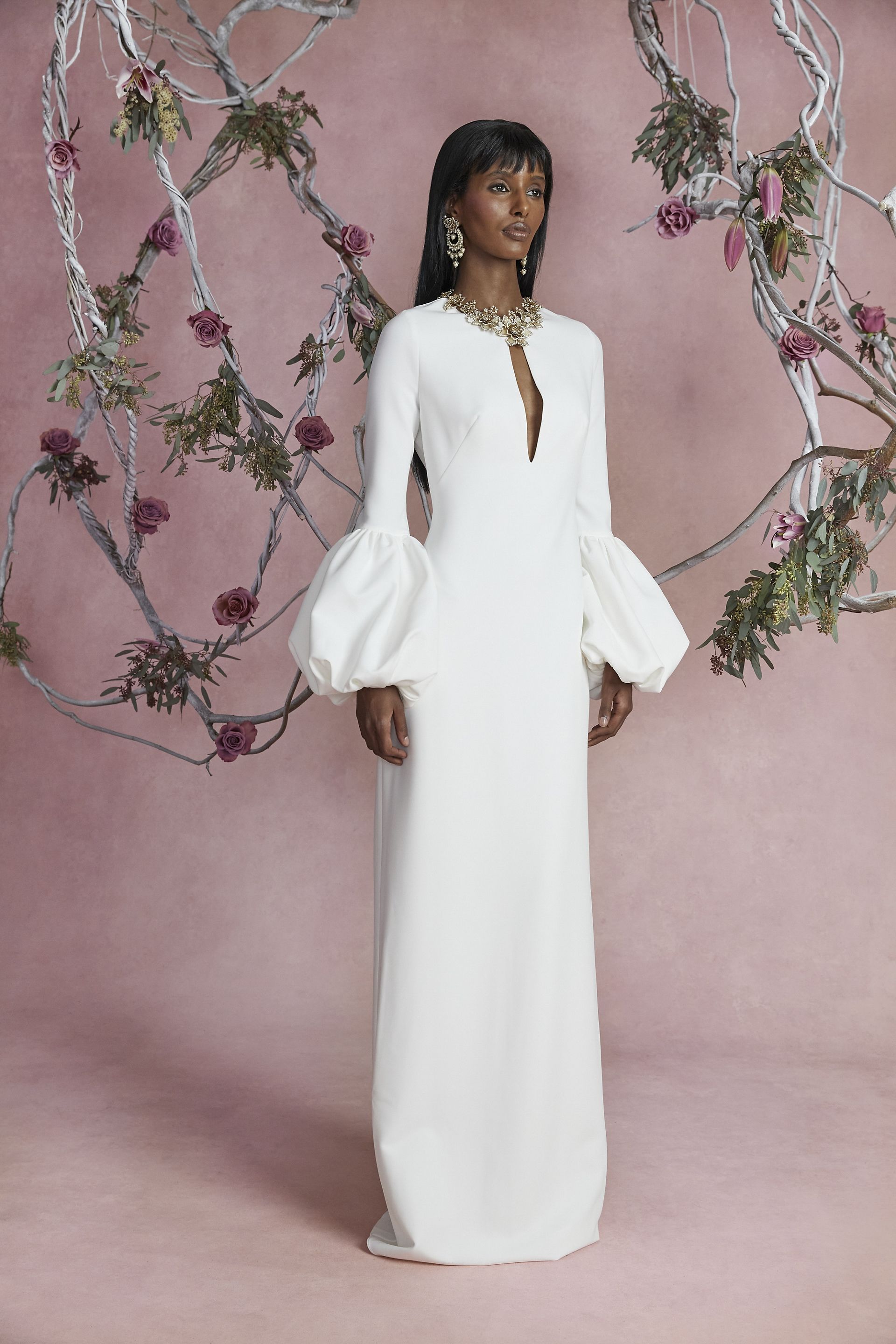 Picture of Long Sleeve Crepe Gown with Beaded Neckline