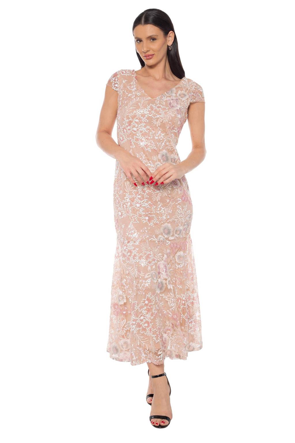 embroidered v neck cap sleeve midi dress Embroidered V Neck Cap Sleeve Midi Dress