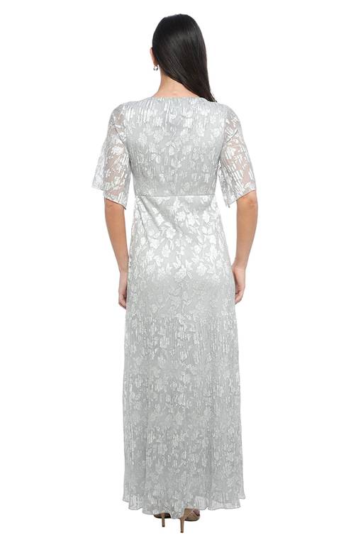 elbow sleeve formal dress Navy Crepe 3/4 Sleeve A-line Gown With Flower Trim