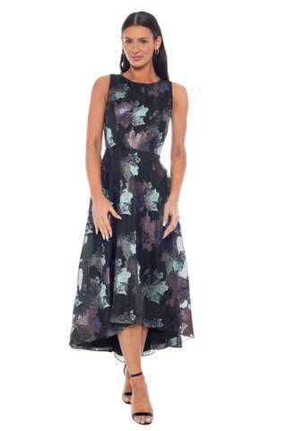 View Oleg Cassini Printed Brocade Hi-Low Dress in all available color and sizes Picture of Printed Brocade Hi-Low Dress