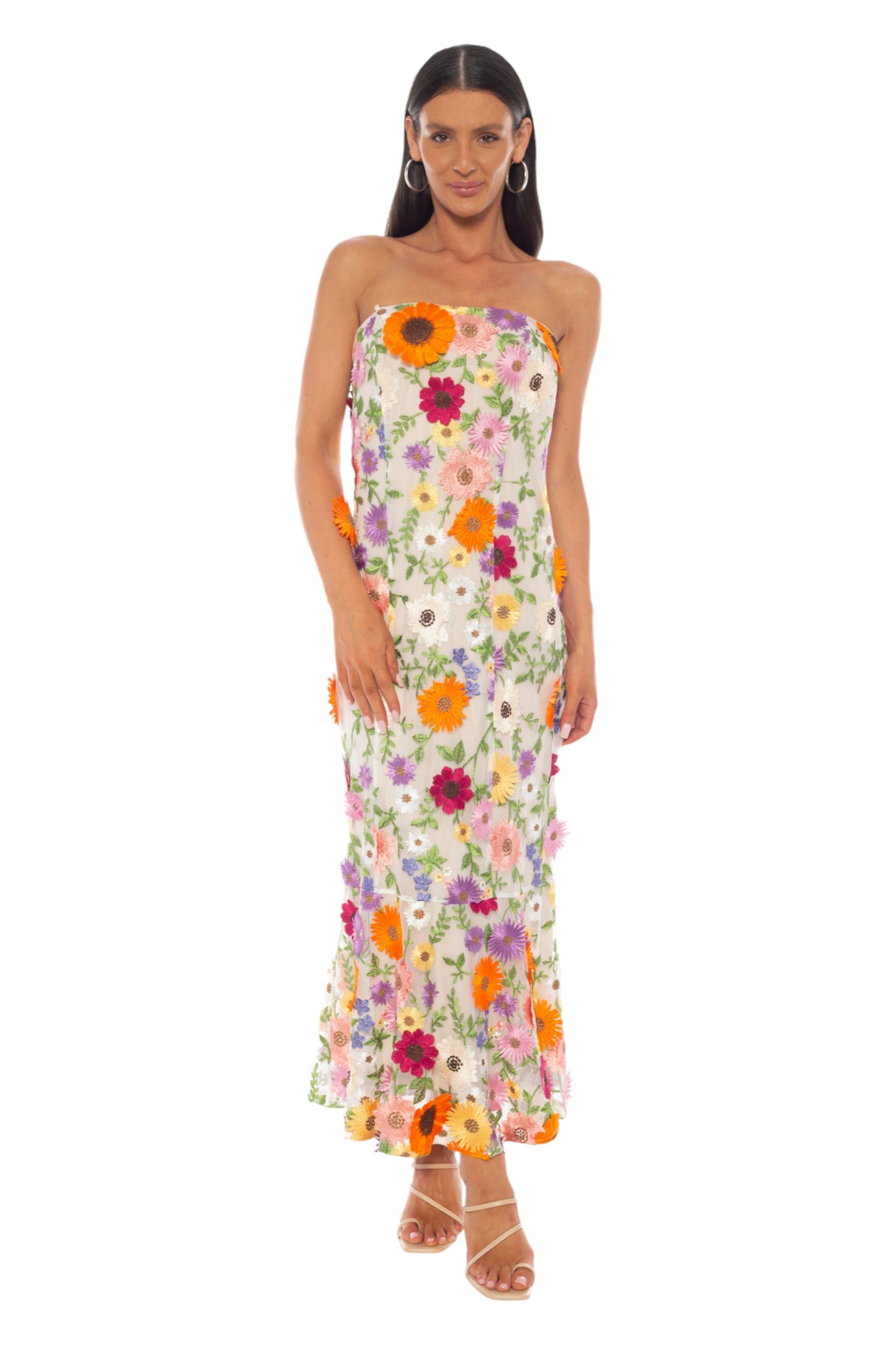 Picture of Strapless Multi 3D Embroidery on Mesh Midi Dress