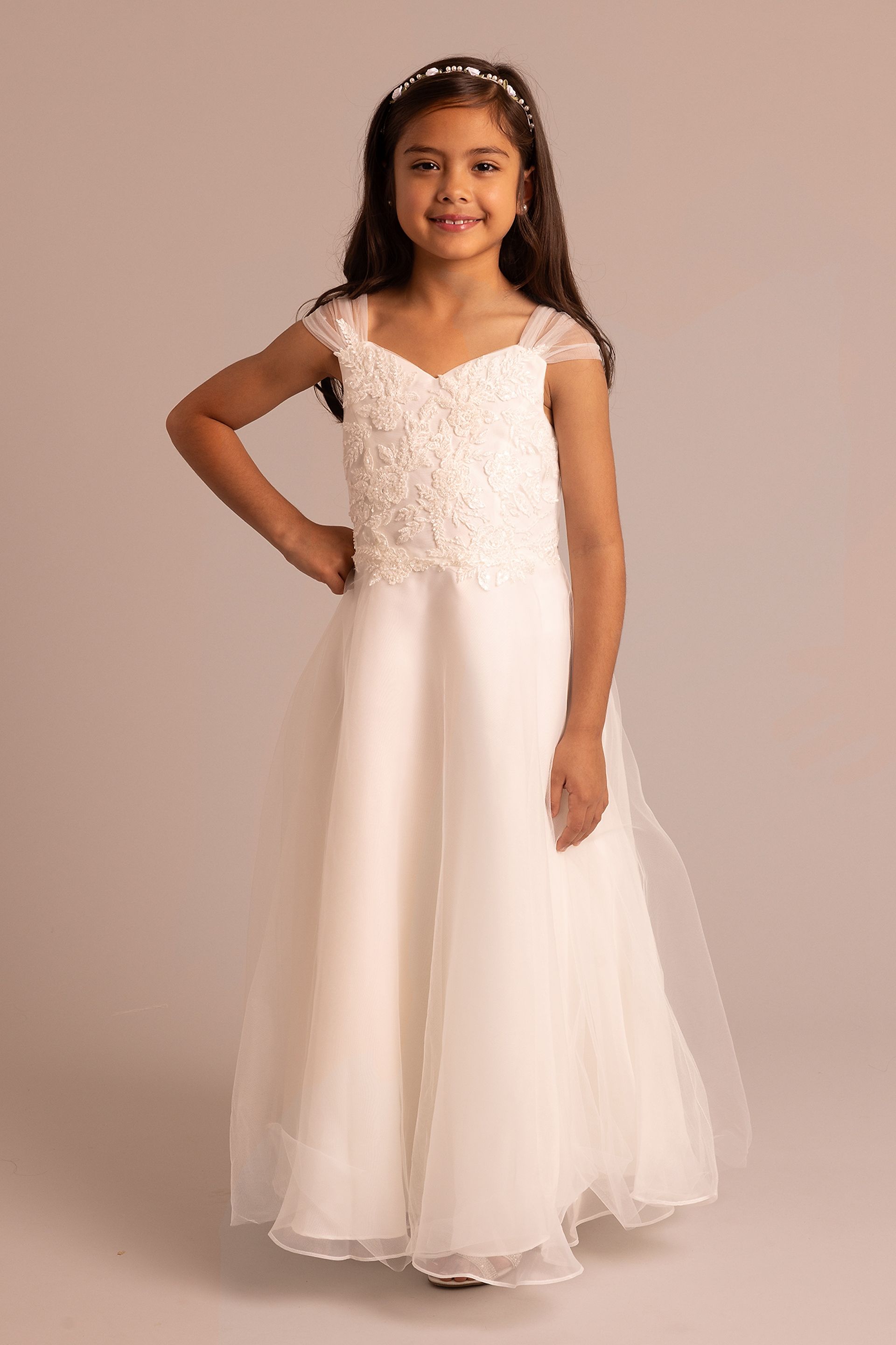 DB Studio Tulle Appliqued Cap Sleeve Flower Girl Dress in Soft White Size: 4 David's Bridal
