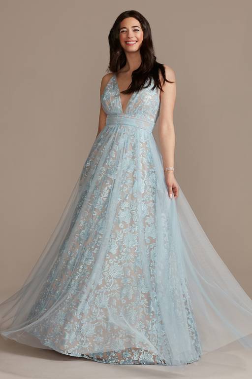 plunged lace applique two-tone layered ruffled tulle wedding dress Lace and Tulle Layered Ruffle Wedding Dress with Off the Shoulder Lace Applique 10 / Off White / Tulle / Lace
