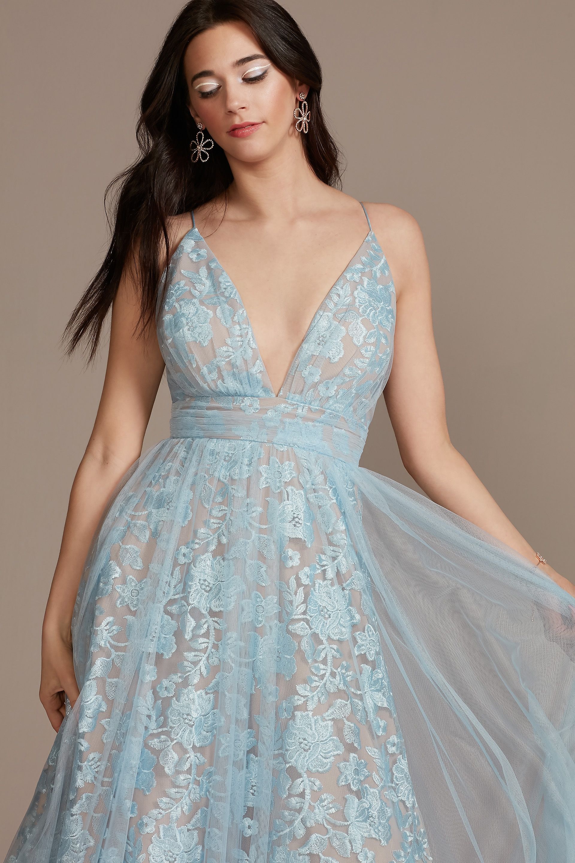 Layered Lace and Tulle Plunging A-Line Dress | David's Bridal