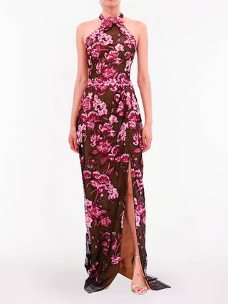View Marchesa Notte Bronix Botanicals Halter Column Gown in all available color and sizes Picture of Bronix Botanicals Halter Column Gown
