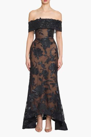 Picture of Leather Guipure Fitted Off Shoulder Hi-Lo Gown