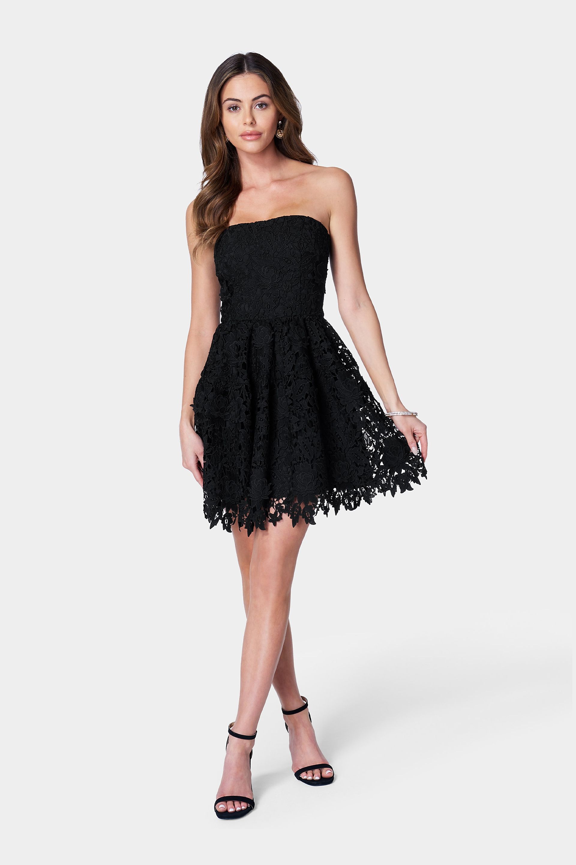 View Bebe Strapless Lace Cupcake Dress in all available color and sizes Picture of Strapless Lace Cupcake Dress