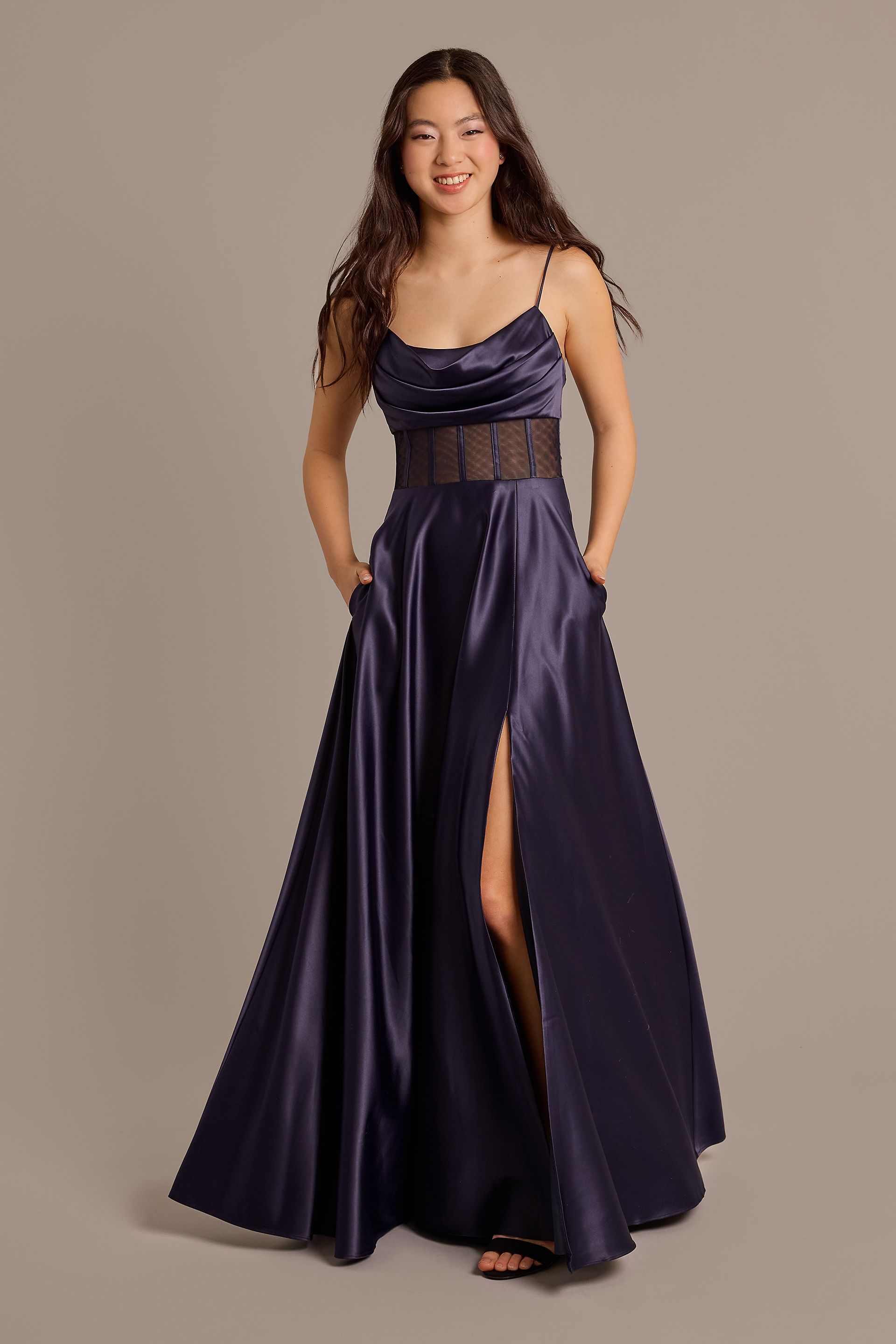 Picture of Illusion Corset Bodice Cowl Neck A-Line Dress
