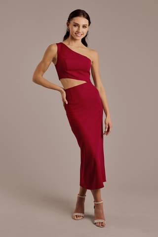 View DB Studio One-Shoulder Crepe Cutout Midi Sheath Dress in all available color and sizes Picture of One-Shoulder Crepe Cutout Midi Sheath Dress