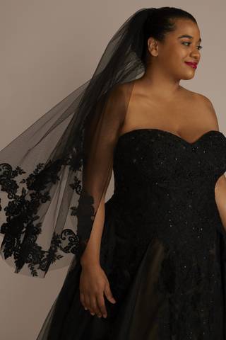 View DB Studio Lace-Trimmed Black Tulle Mid-Length Veil in all available color and sizes Picture of Lace-Trimmed Black Tulle Mid-Length Veil