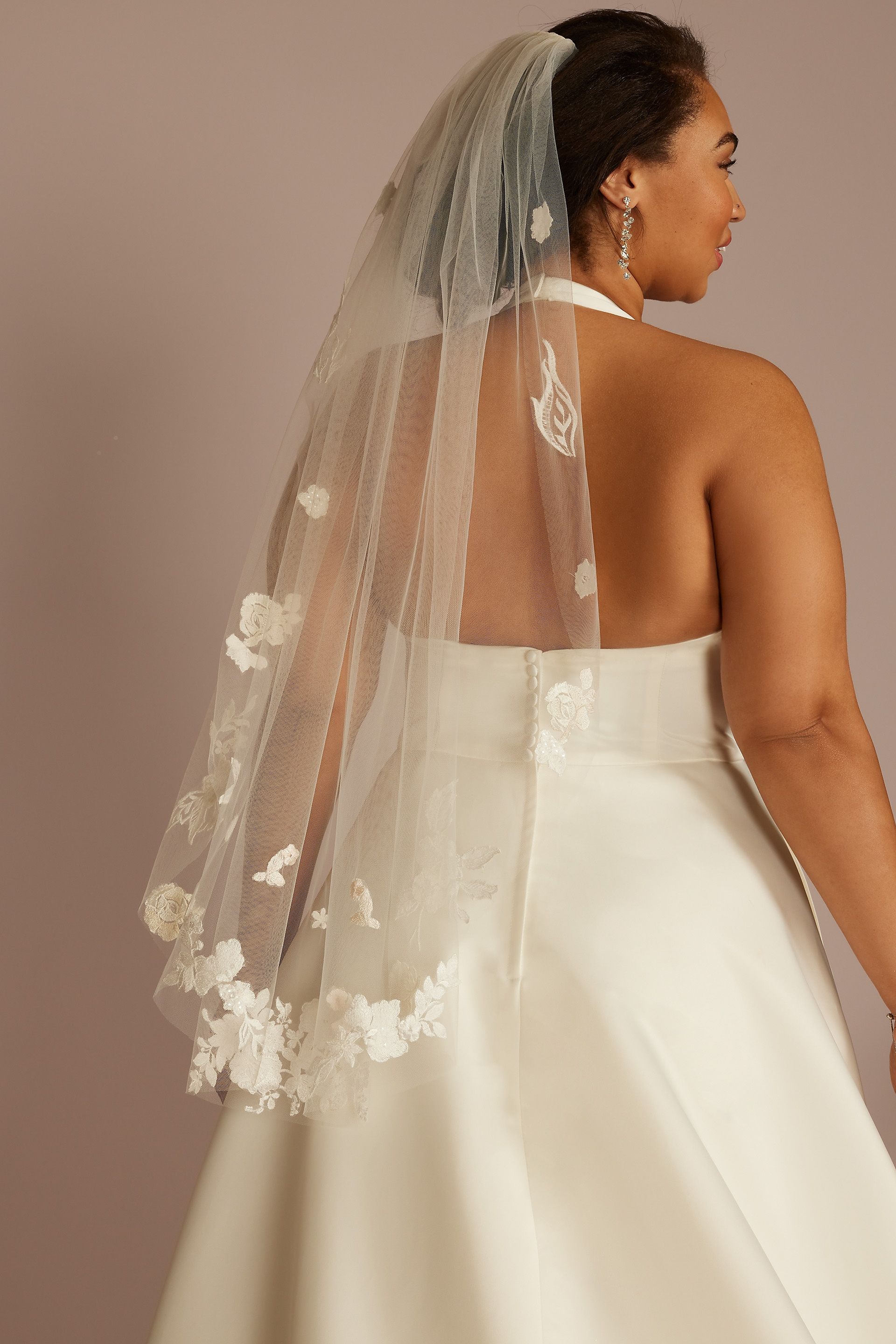 Picture of Blush and Ivory Floral Tulle Mid-Length Veil