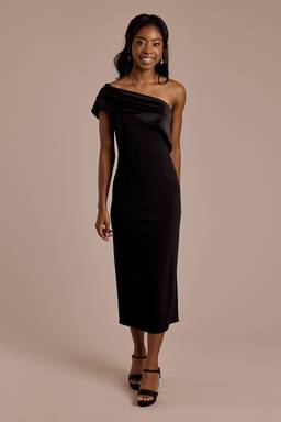 one shoulder flowy midi dress brown dress one shoulder Gold One Shoulder Bow Midi Dress With Pockets