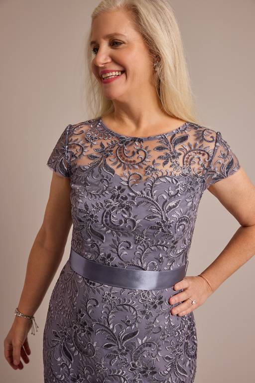grey sheath dress with sleeves Gray 3/4 sleeve round neck High Waisted Sheath Dress