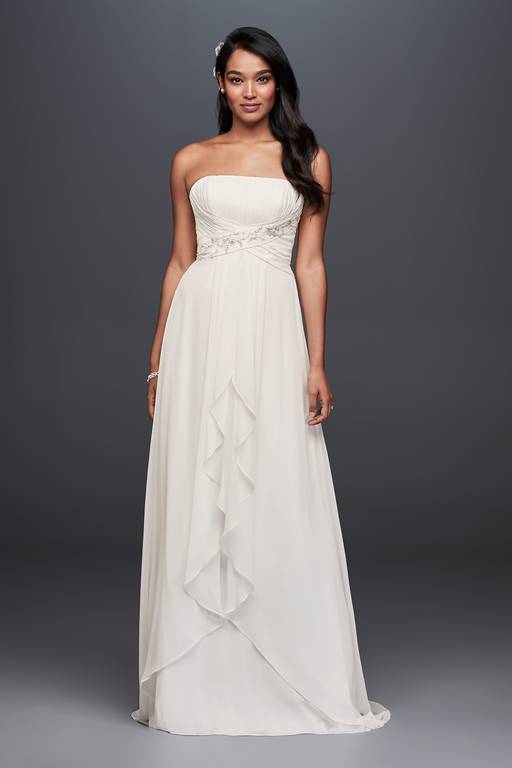 david's bridal pleated dress Long Strapless Chiffon Dress with Pleated Bodice