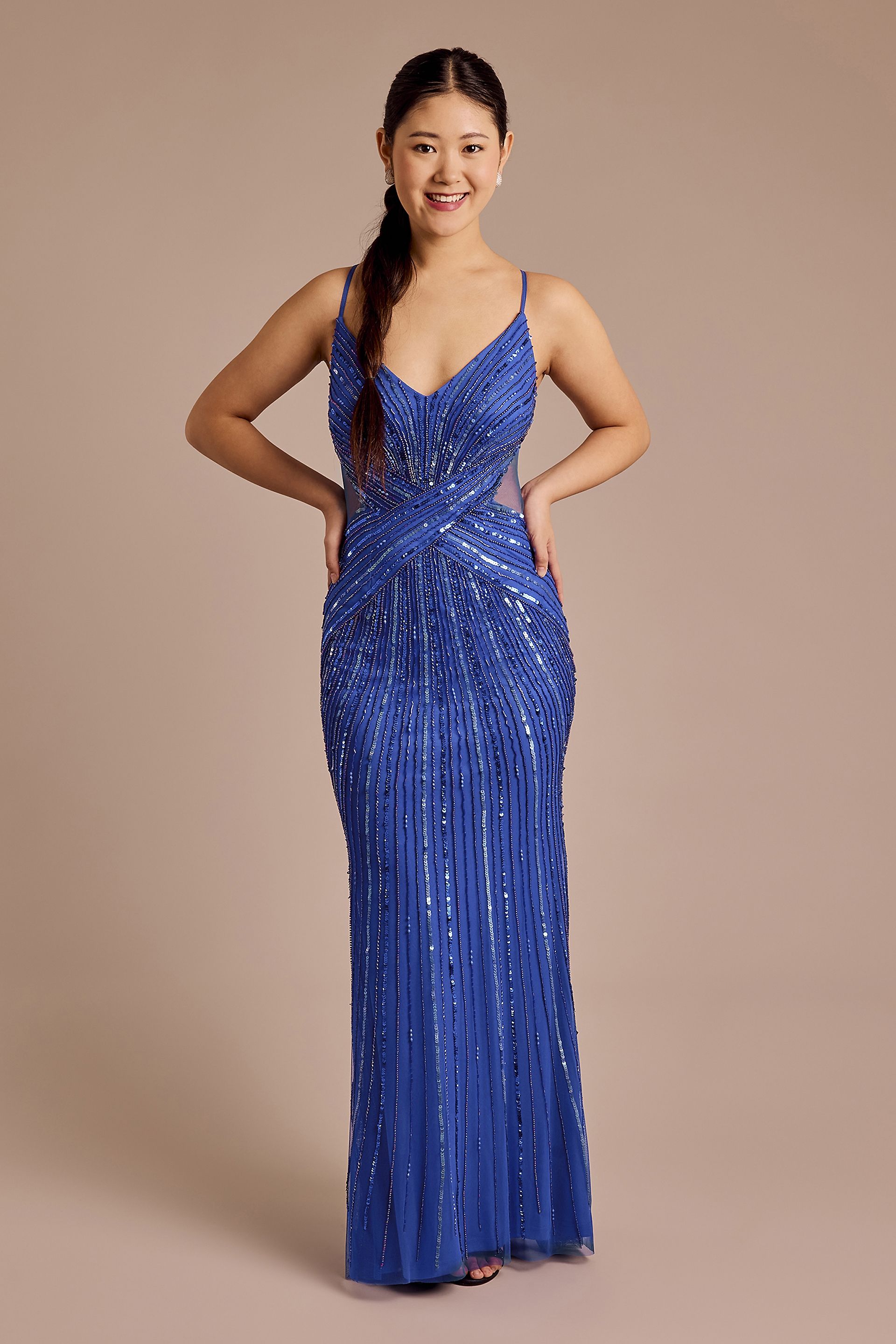 View Jules and Cleo Sunburst Beaded Sheath Dress with Mesh Cutouts in all available color and sizes Picture of Sunburst Beaded Sheath Dress with Mesh Cutouts