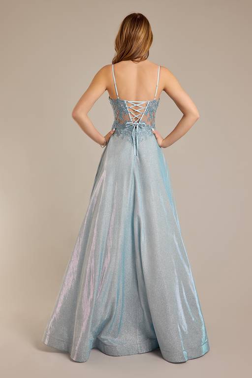 lace-up back metallic iridescent glitter dress Long A-line Glitter Dress with Corset Back by Poly USA 8436