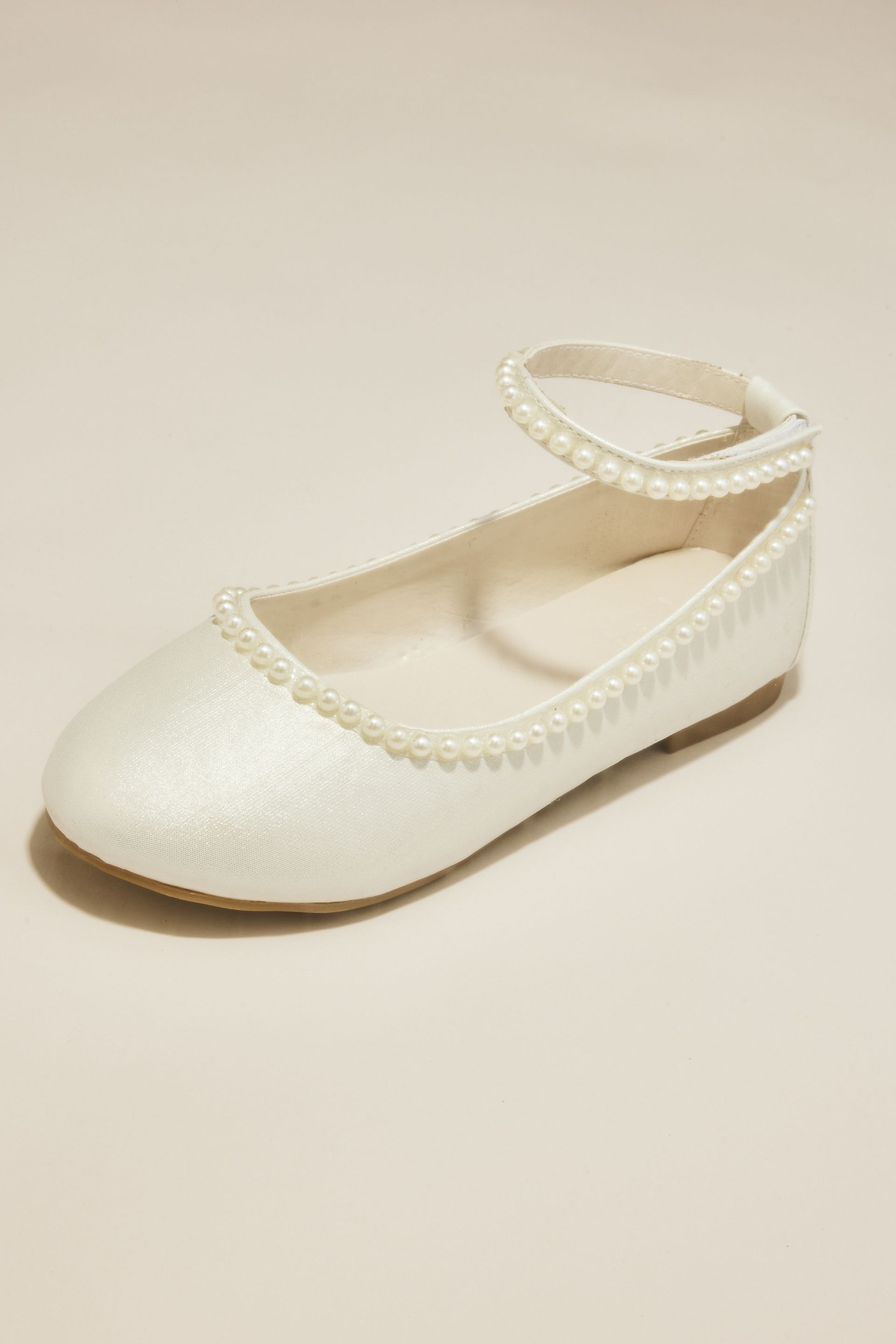 DB Studio Flower Girl Ballet Flat Shoes With Pearl Ankle Strap in Ivory Size: 3Y David's Bridal