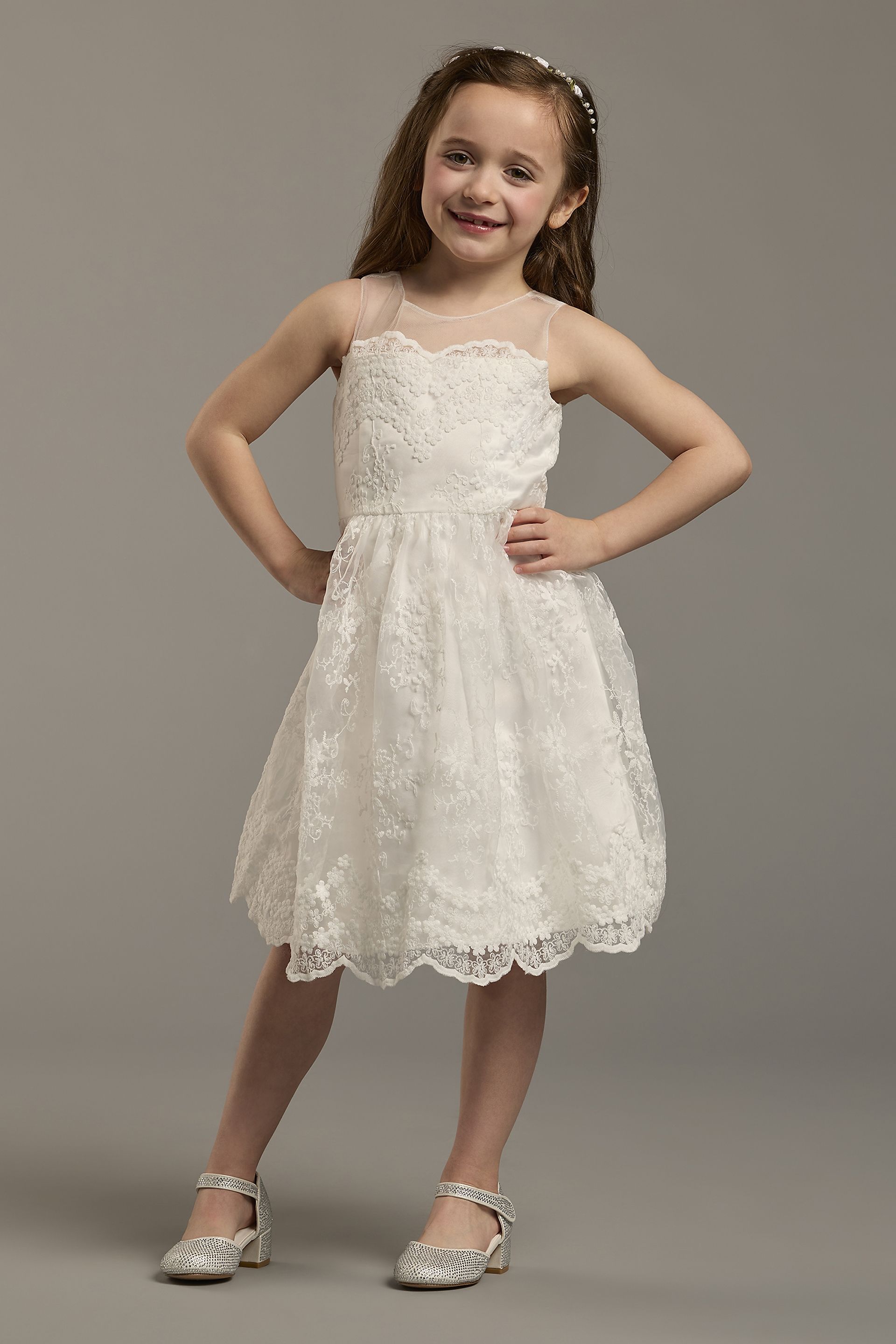 DB Studio Scalloped Lace Sleeveless Flower Girl Dress in Soft White Size: 8 David's Bridal