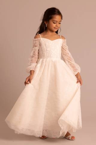 View DB Studio Off-Shoulder Long Sleeve Lace Flower Girl Dress in all available color and sizes Picture of Off-Shoulder Long Sleeve Lace Flower Girl Dress