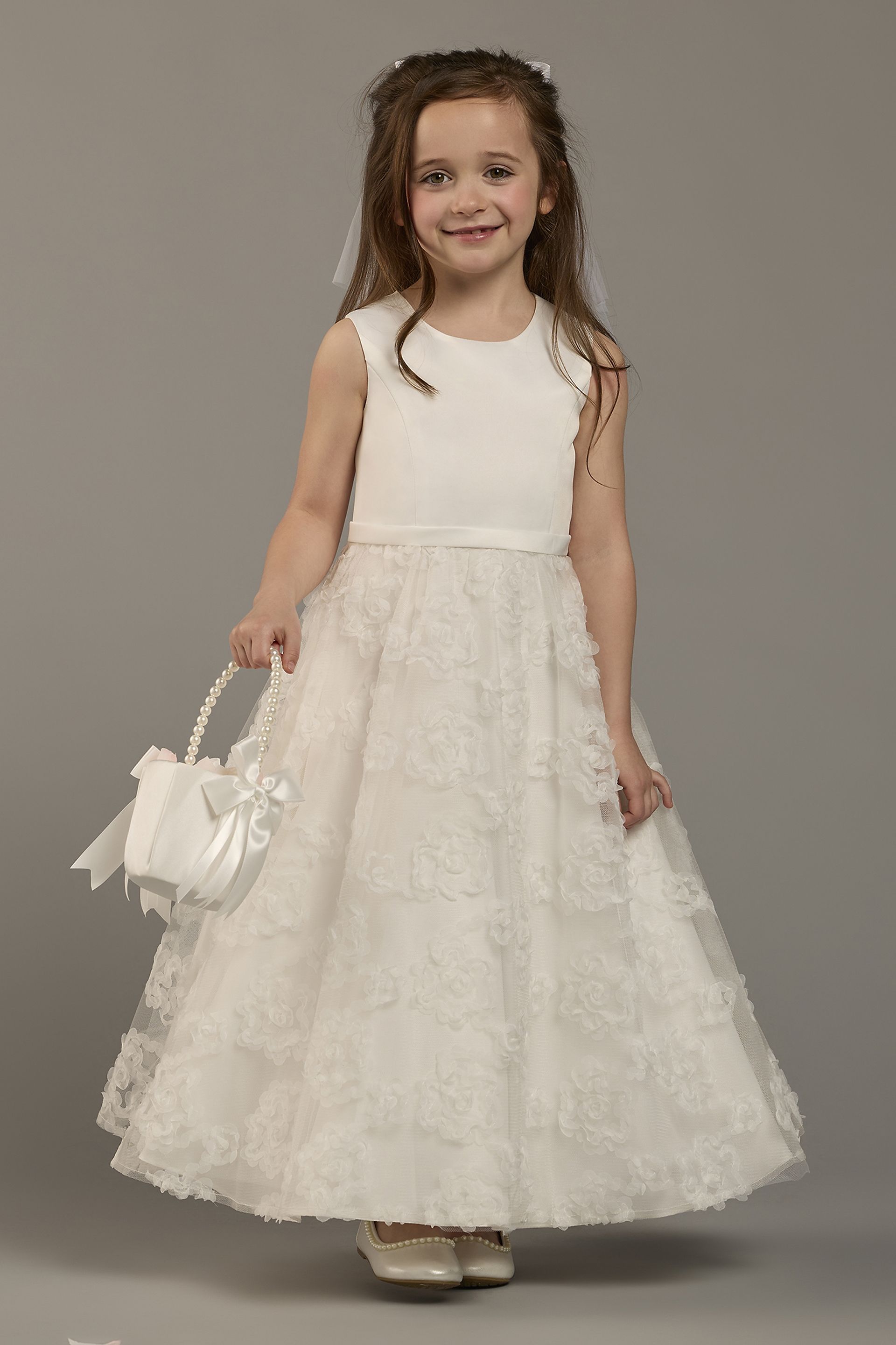 DB Studio Satin And Tulle Sleeveless Flower Girl Dress in Soft White Size: 3 David's Bridal