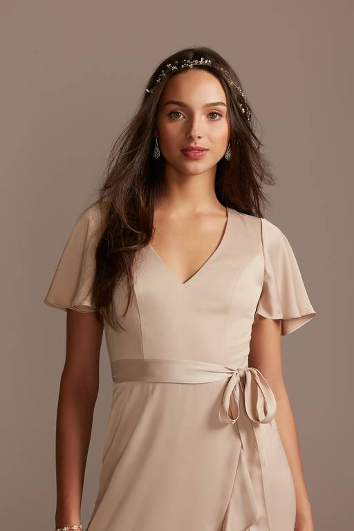 flutter sleeve crepe satin ruffle bridesmaid dress CELEBRATE DB STUDIO Flutter Sleeve Crepe Satin Ruffle Bridesmaid Dress Size 16