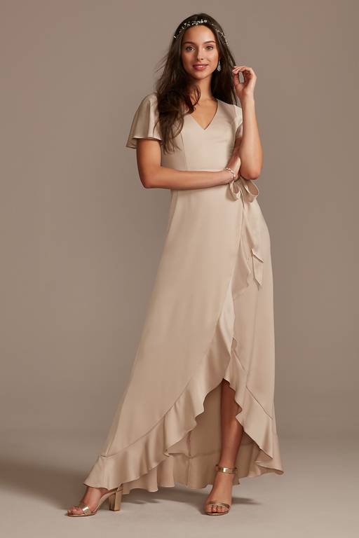 flutter sleeve crepe satin ruffle bridesmaid dress Flutter Sleeve V Neck Plunge Crepe Bridesmaid Dress - Blush