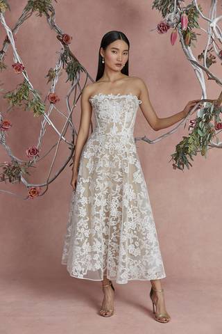 david's bridal tea length lace dress Tea-Length Plunging Neckline Lace Wedding Dress