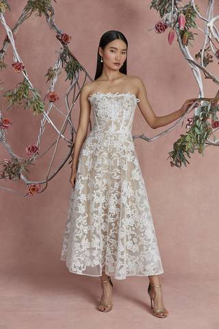 david's bridal tea length lace dress Tea-Length Plunging Neckline Lace Wedding Dress