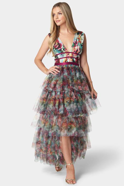 high low mesh dress Ladies - Light Beige/Floral Mesh High-Low Dress - Size: L