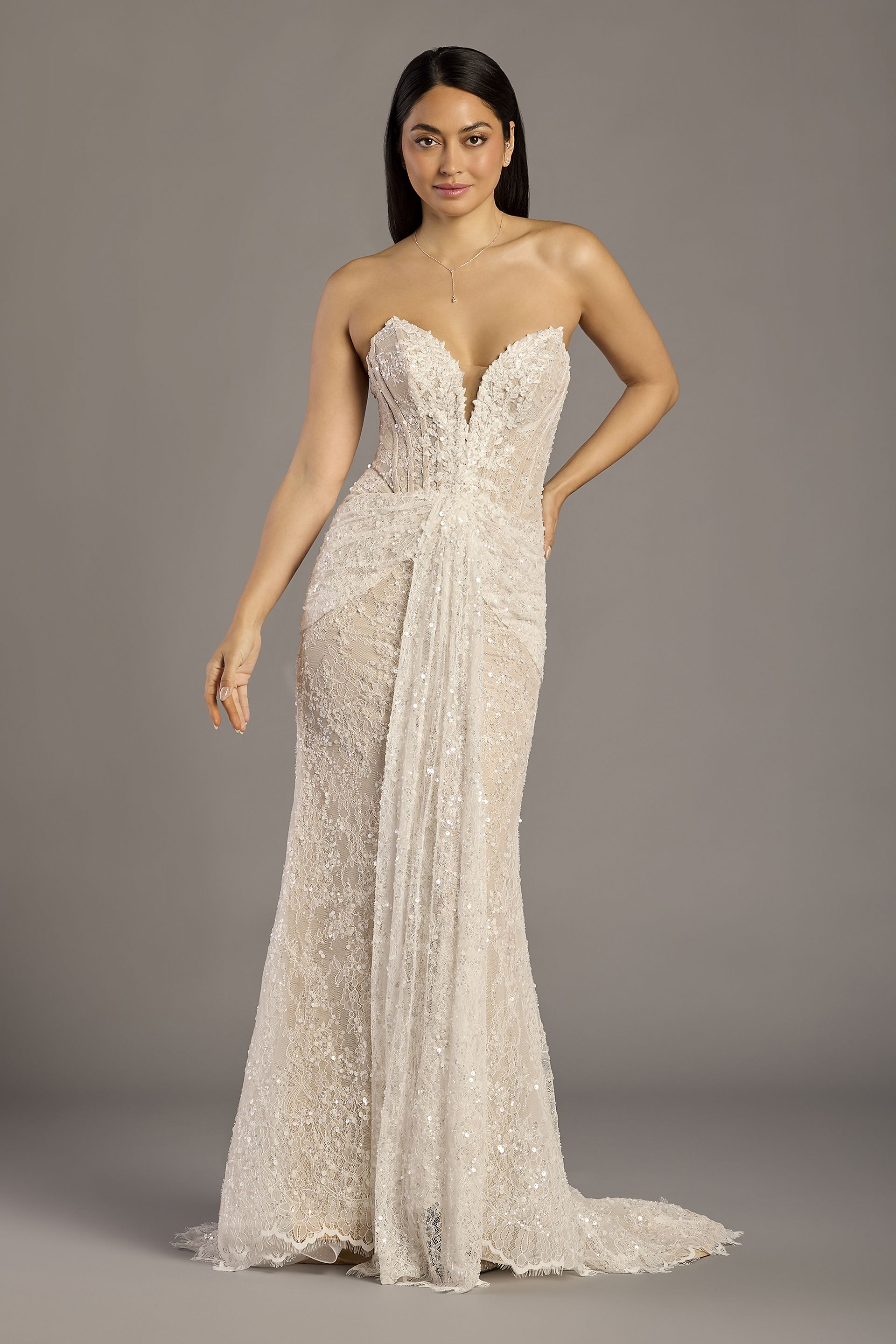 Allover Beaded Lace Strapless Sheath Wedding Dress