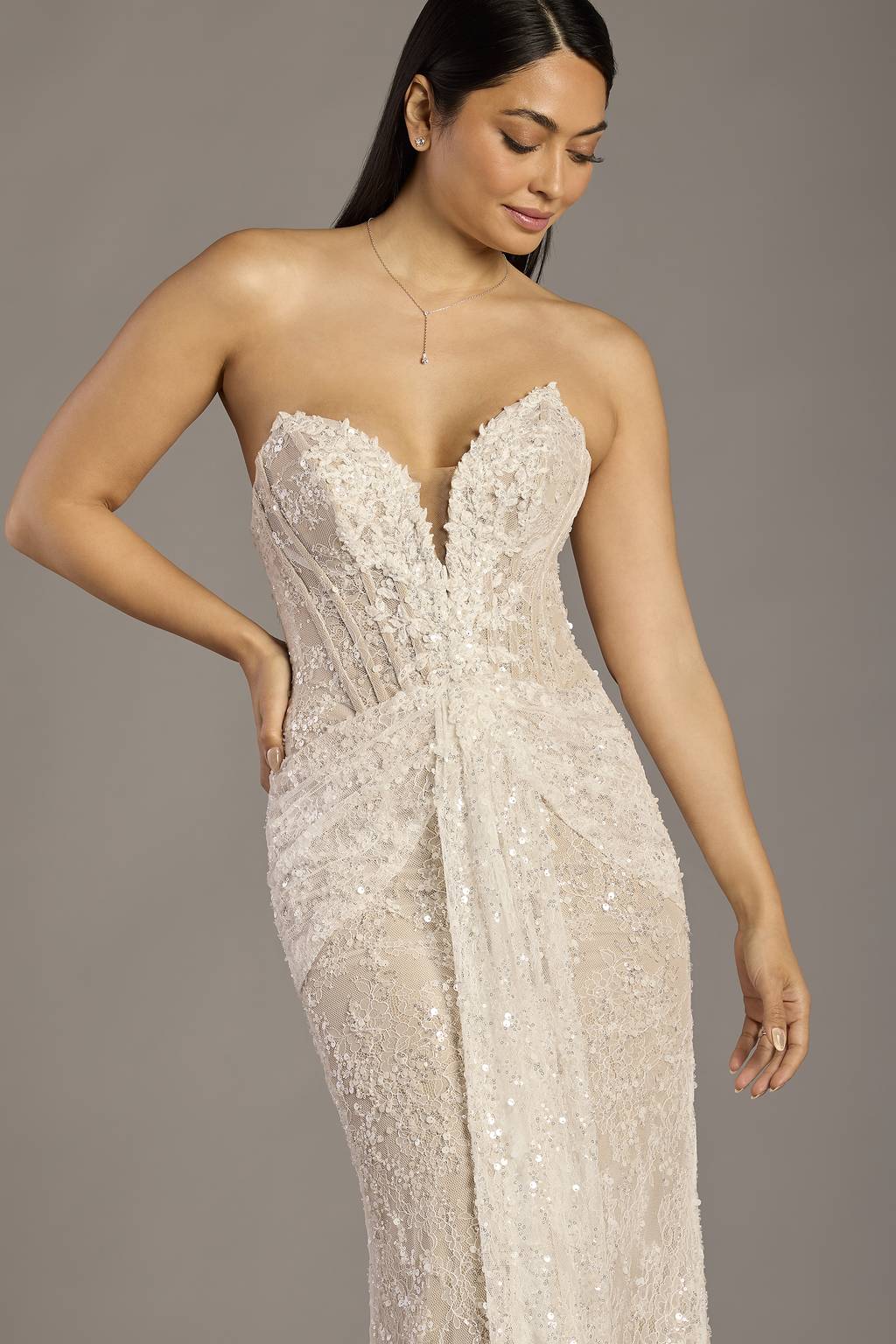 allover lace a line strapless wedding dress Essense of Australia Strapless Lace A-Line Gown