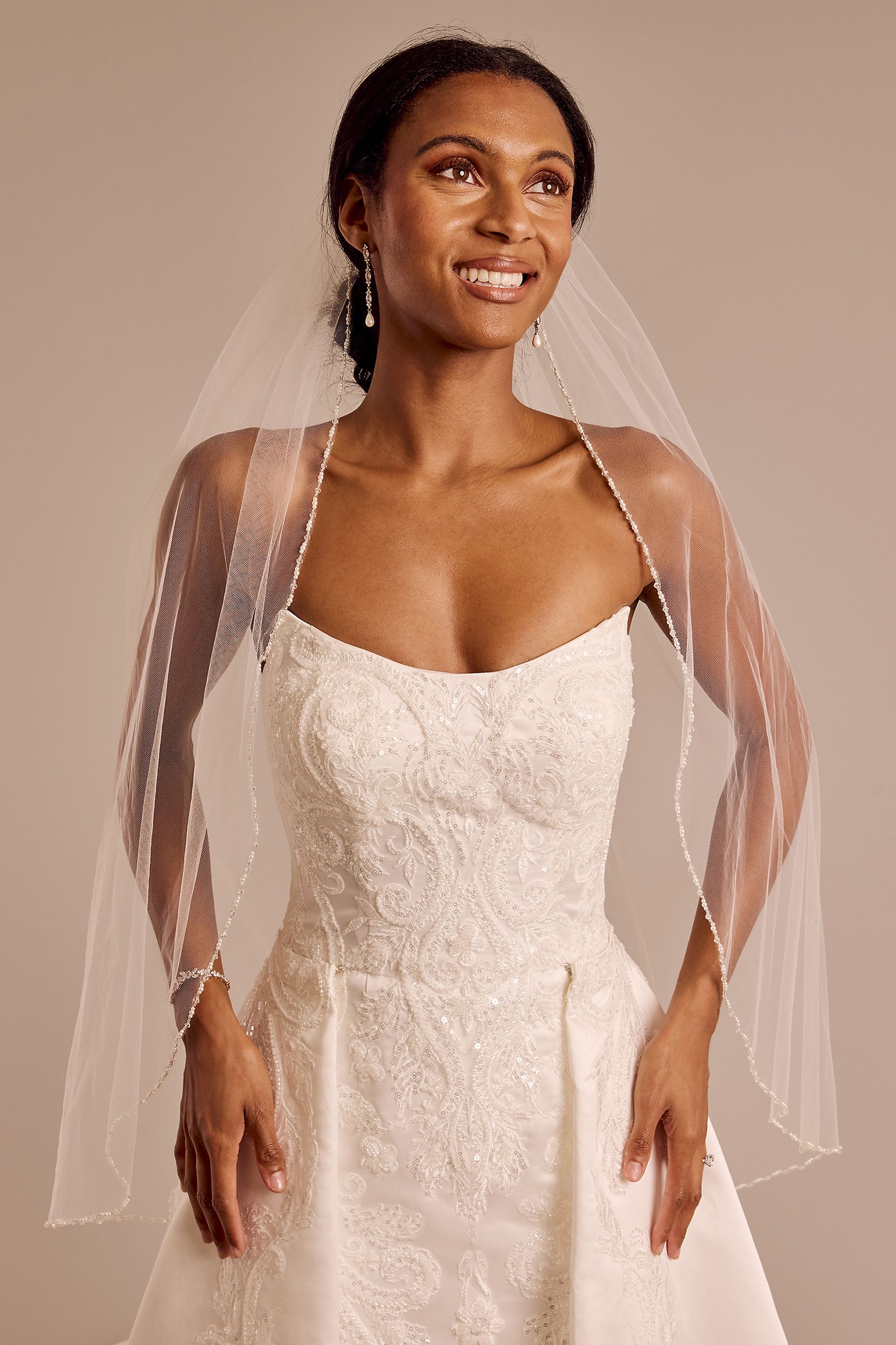 Beaded and Pearled Trim Mid Length Veil | David's Bridal