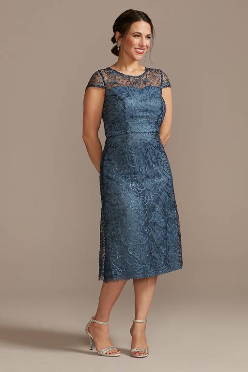 illusion soutache trim party dress Illusion Cap-Sleeve Long Soutache Sheath Dress