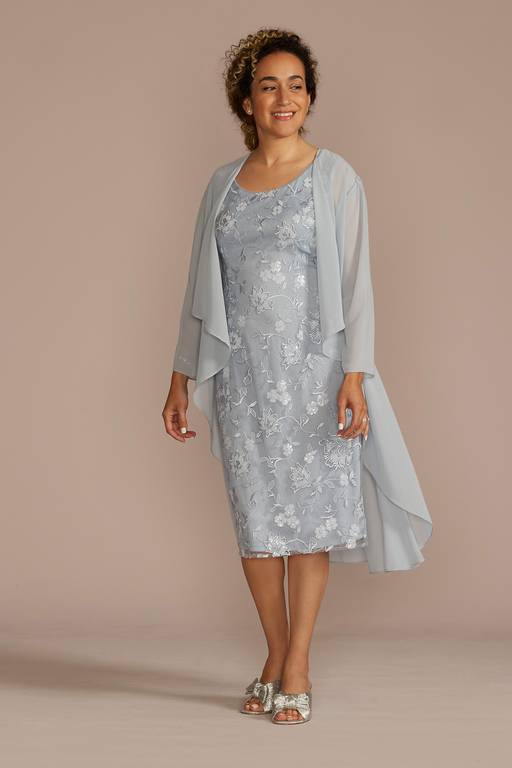 lace dress with chiffon coat M220063 Three quarters Lace Jacket Over a Relaxed Jade Chiffon Gown with Scoop Tank Neckline and Soft A line Skirt