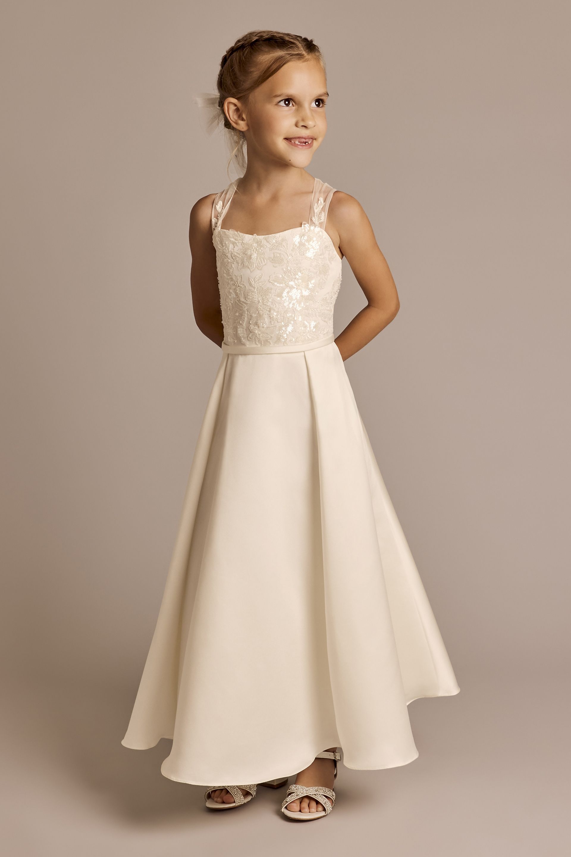 Picture of Lace Applique Sleeveless Satin Flower Girl Dress