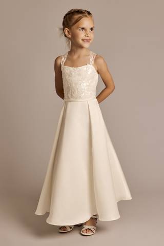 View DB Studio Lace Applique Sleeveless Satin Flower Girl Dress in all available color and sizes Picture of Lace Applique Sleeveless Satin Flower Girl Dress
