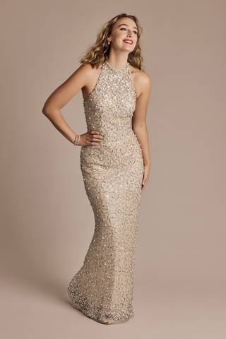 View Galina Signature Pearl and Sequin Halter Sheath Dress in all available color and sizes Picture of Pearl and Sequin Halter Sheath Dress