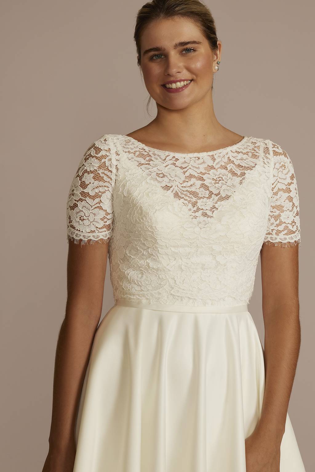 wedding dress topper short sleeve Tali French Lace Wedding Topper in Ivory; Boat Neck, V Back Buttons Bridal Bolero; Sheer, Half Sleeve Bridal Shrug Cover Up, Delicate Lace