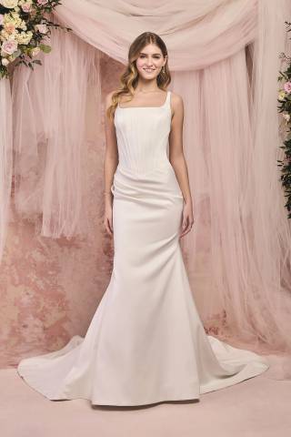 View Galina Signature Satin Corset Bodice Drop Waist Mermaid Dress in all available color and sizes Picture of Satin Corset Bodice Drop Waist Mermaid Dress